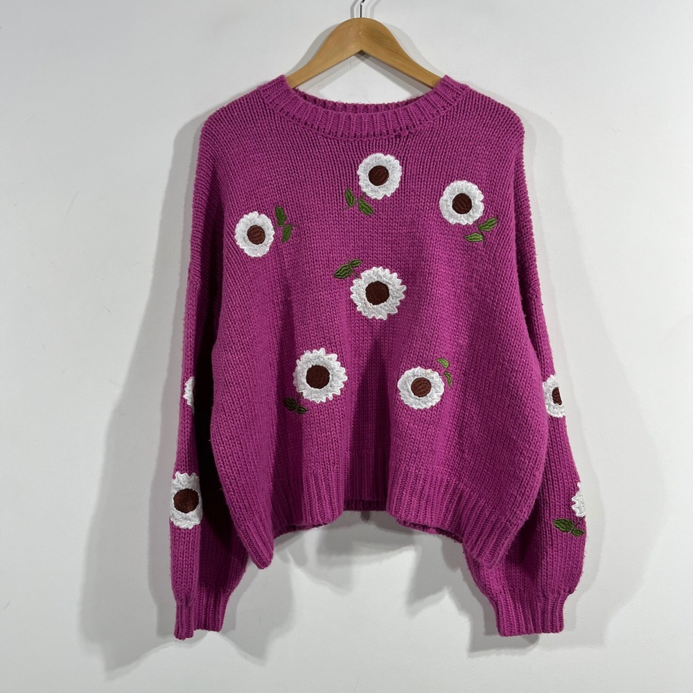 Forever 21 Folk Cottagecore Daisy Embroidered Chunky Knit Sweater XL Granny 90s